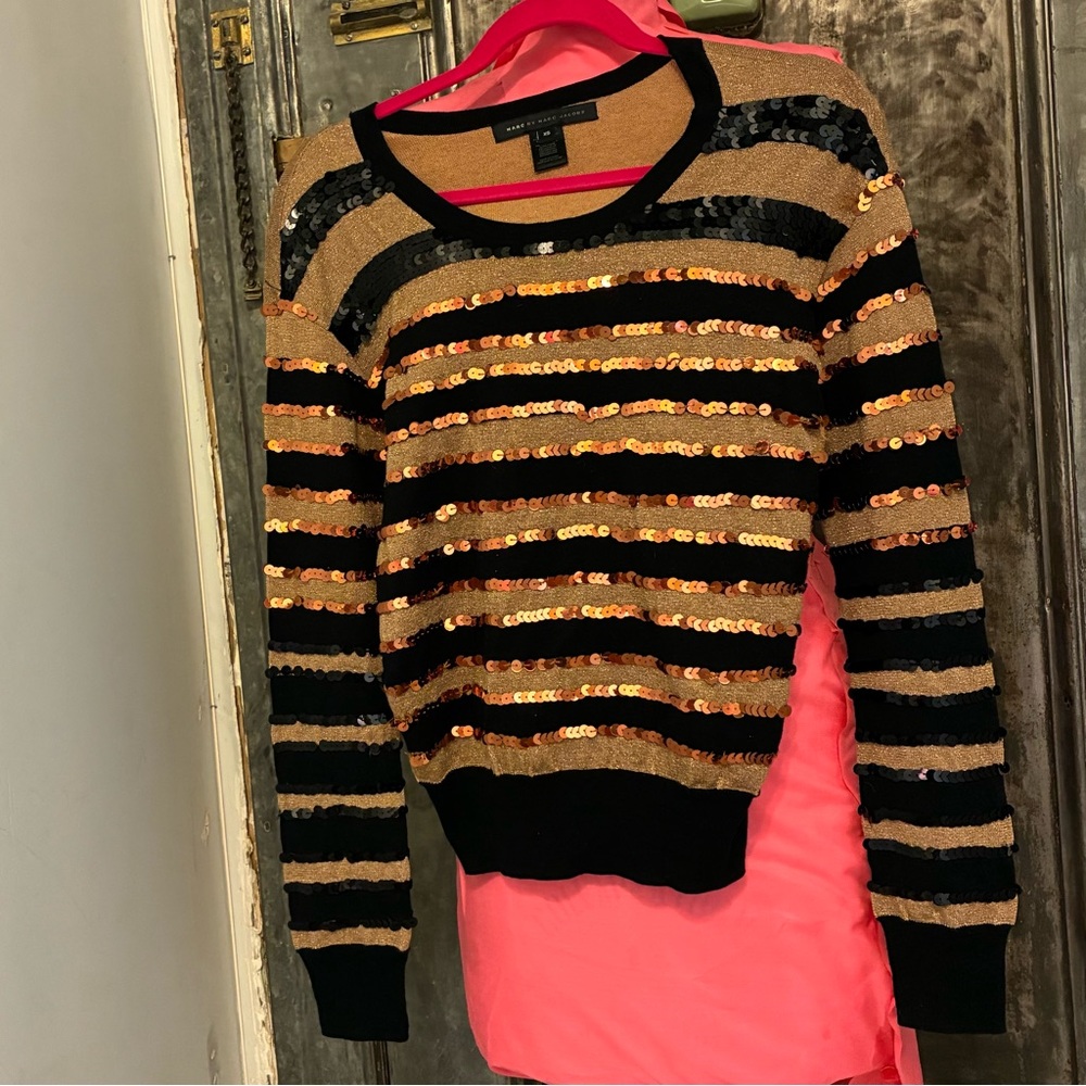 Marc Jacobs sequin striped sweater black gold xs Silk blend NWOT